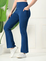 Effortless Women's Lycra Flared Tights with Pockets - Classic Blue