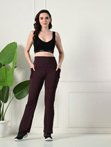 Effortless Women's Lycra Flared Tights with Pockets - Wine