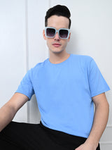 Comfy 100% Cotton Solid Regular Fit Tee - Sky Blue