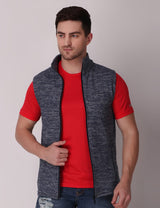 Fitinc Men’s Fleece Half Sleeves Melange Navy Blue Jacket - FITINC