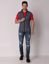 Fitinc Men’s Fleece Half Sleeves Melange Navy Blue Jacket - FITINC