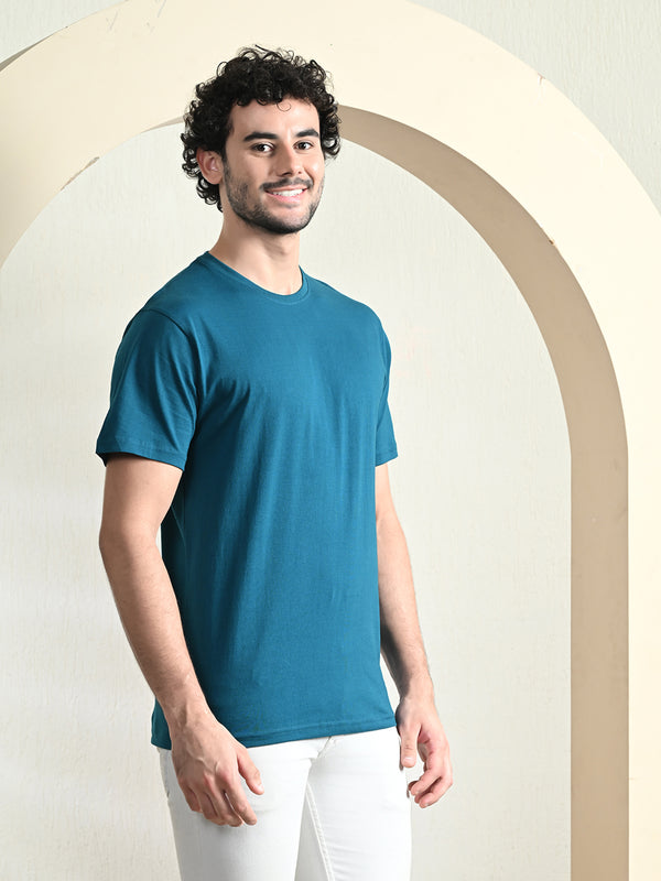 FITINC Cotton Crew Neck Regular Fit Teal T-Shirt for Men