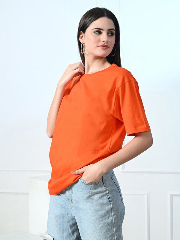 FITINC Women Cotton Oversized Drop Shoulder Orange T-Shirt