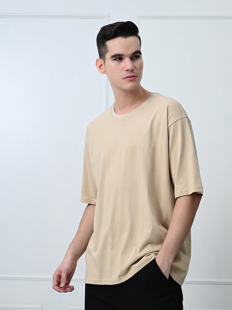 FITINC Beige Cotton Oversized Drop Shoulder T-Shirt for Men