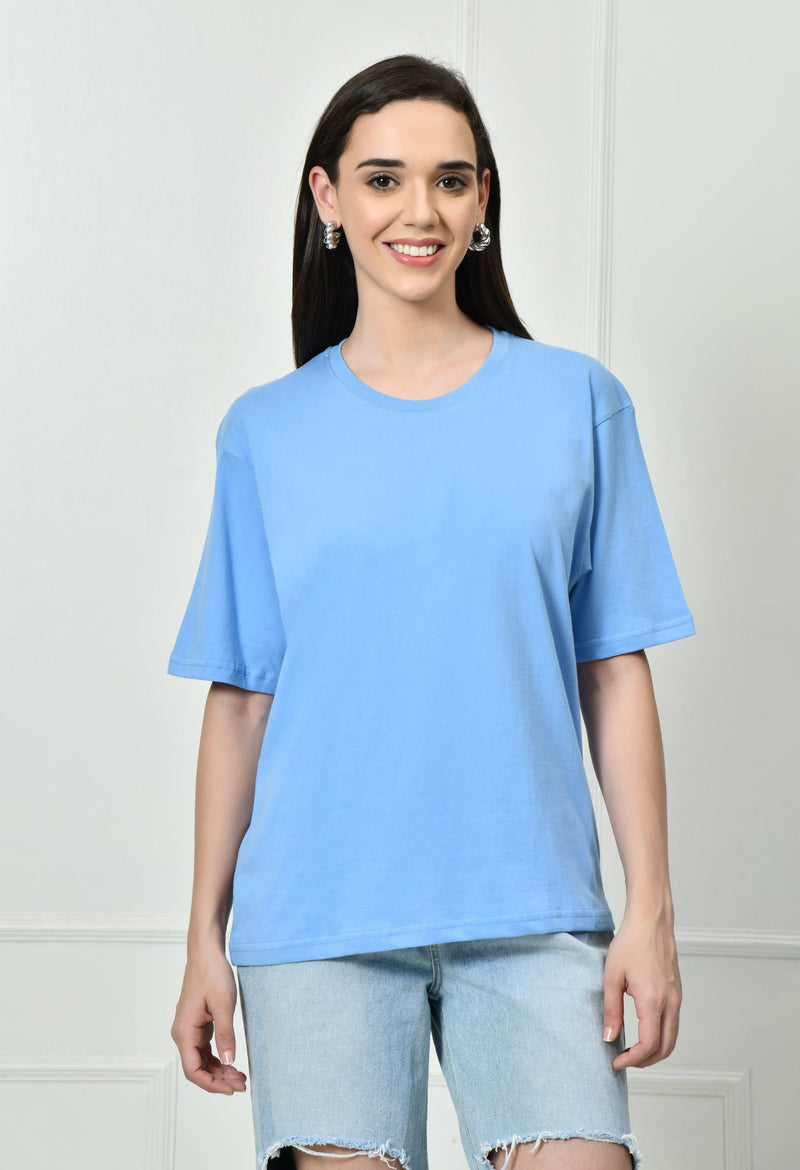 FITINC Women Cotton Oversized Drop Shoulder SkyBlue T-Shirt