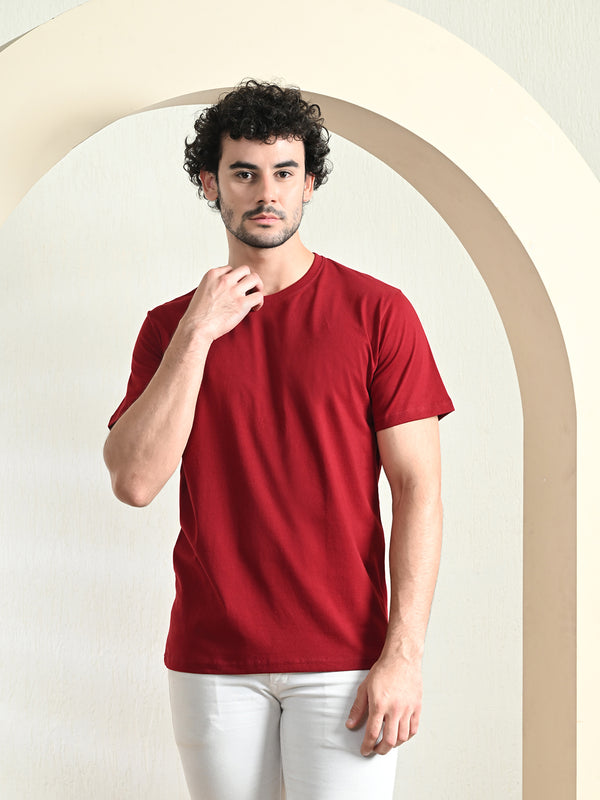 FITINC Cotton Crew Neck Regular Fit Maroon T-Shirt for Men