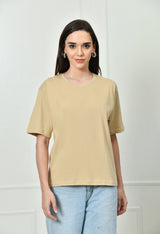 FITINC Women Cotton Oversized Drop Shoulder Beige T-Shirt