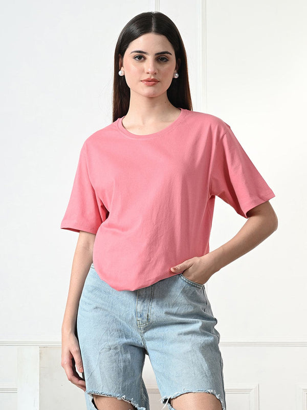 FITINC Women Cotton Oversized Drop Shoulder Peach T-Shirt