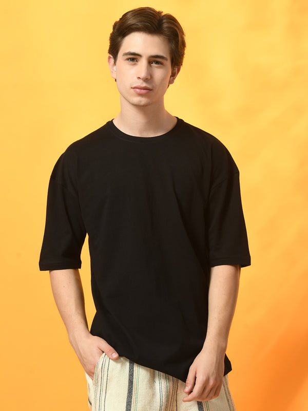 FITINC Black Cotton Oversized Drop Shoulder T-Shirt for Men