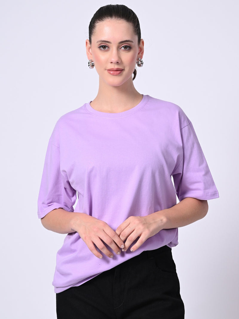 FITINC Women Cotton Oversized Drop Shoulder Lavender T-Shirt