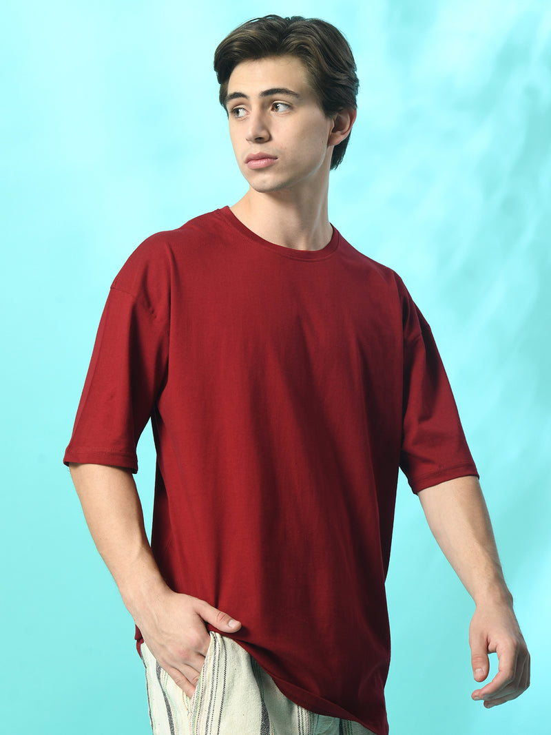 FITINC Maroon Oversized Drop Shoulder T-Shirt for Men