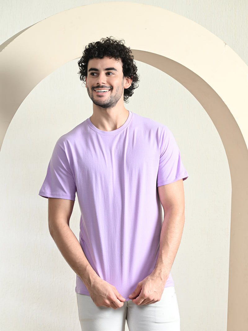 FITINC Cotton Crew Neck Regular Fit Lavender T-Shirt for Men