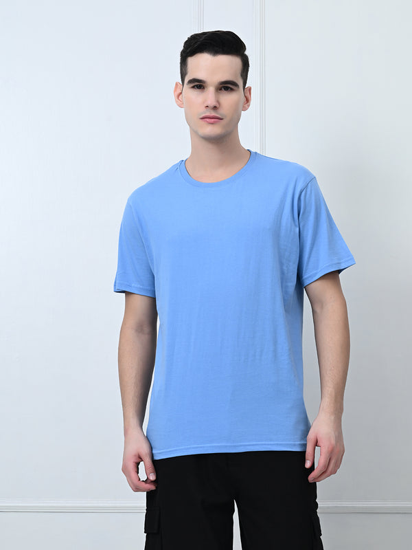 FITINC Cotton Crew Neck Regular Fit Sky Blue T-Shirt for Men