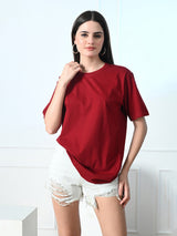 FITINC Women Cotton Oversized Drop Shoulder Maroon T-Shirt