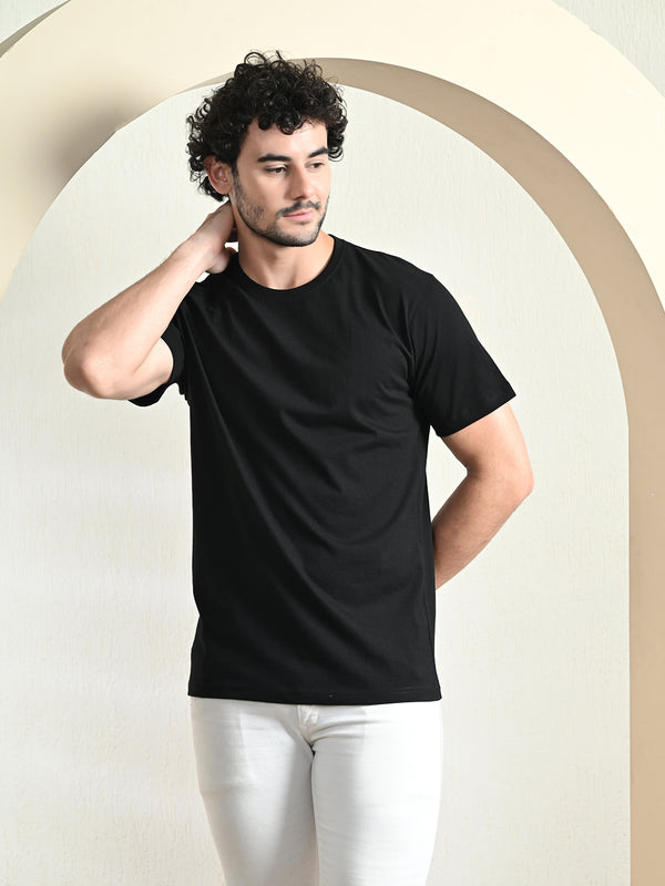 FITINC Cotton Crew Neck Regular Fit Black T-Shirt for Men