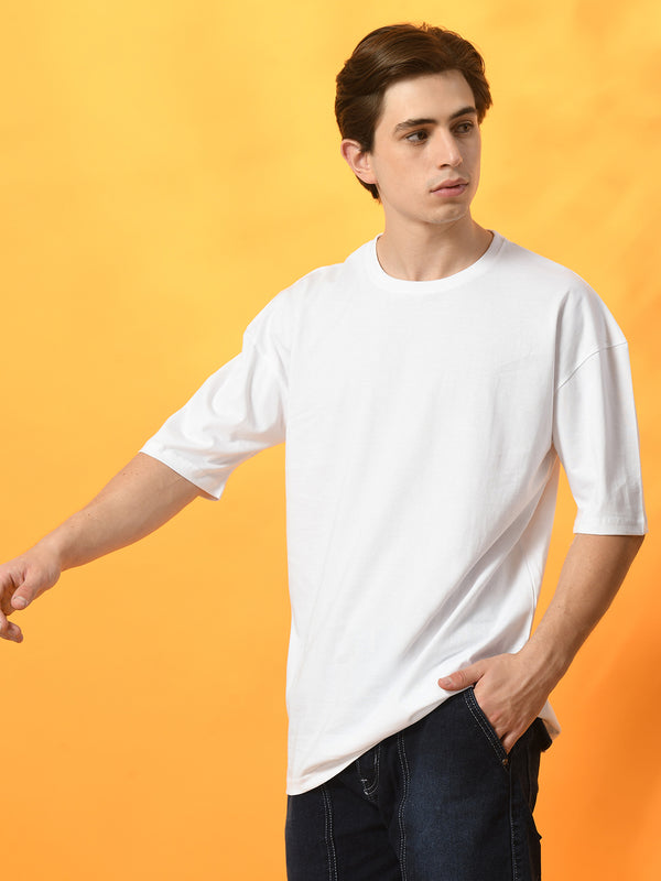 FITINC White Cotton Oversized Drop Shoulder T-Shirt for Men