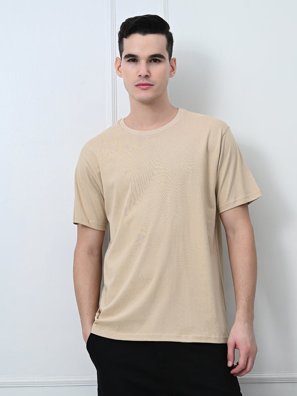 FITINC Cotton Crew Neck Regular Fit Beige T-Shirt for Men