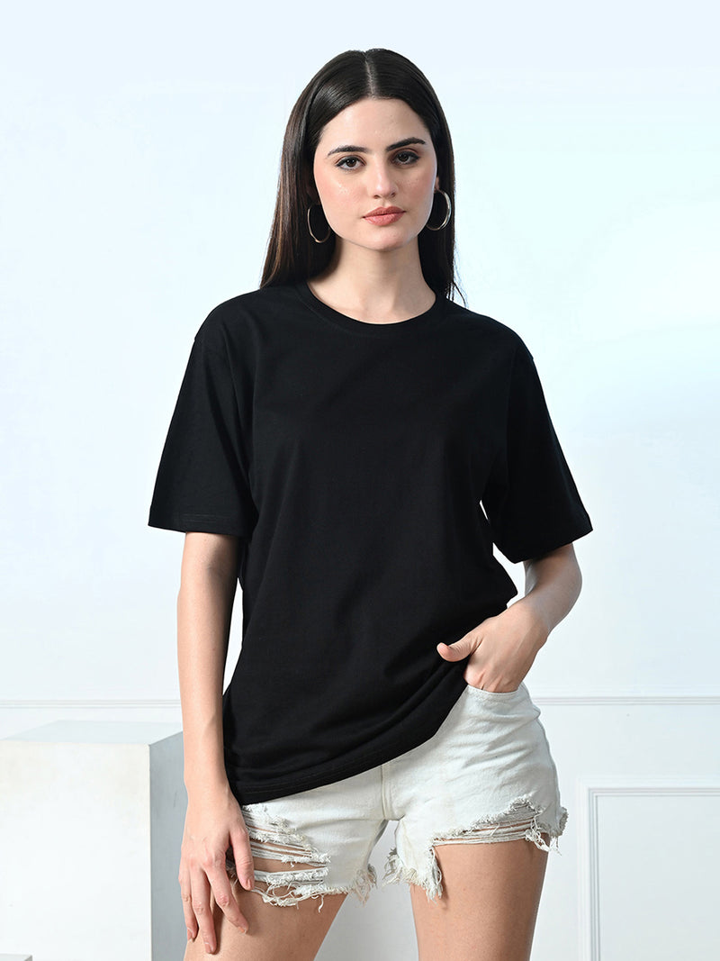 FITINC Women Cotton Oversized Drop Shoulder Black T-Shirt