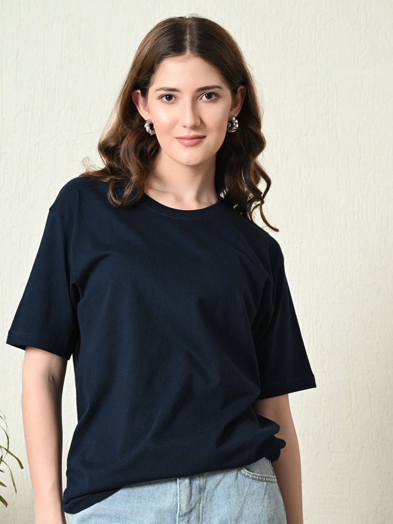 FITINC Women Cotton Oversized Drop Shoulder Navy Blue T-Shirt