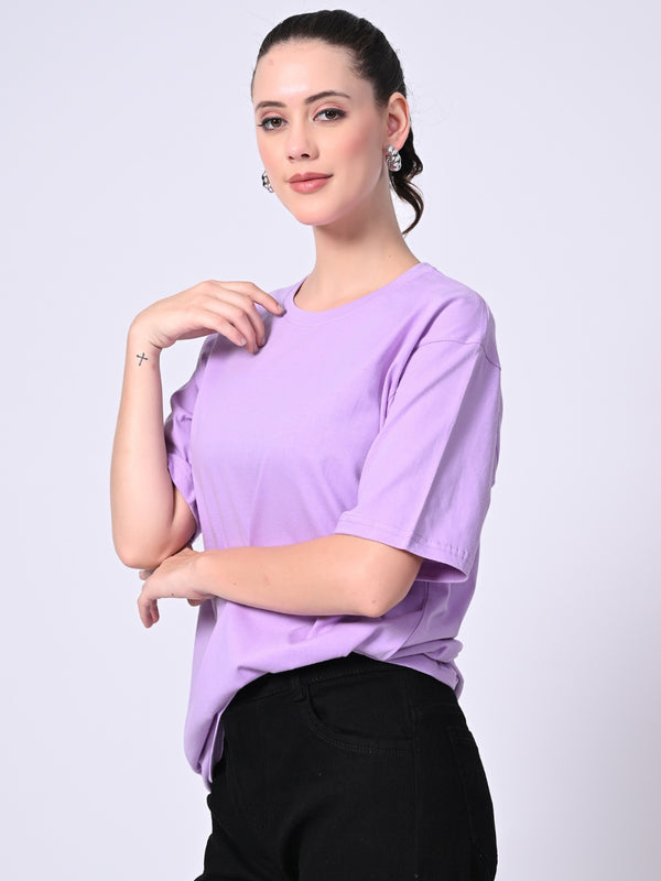 FITINC Women Cotton Oversized Drop Shoulder Lavender T-Shirt