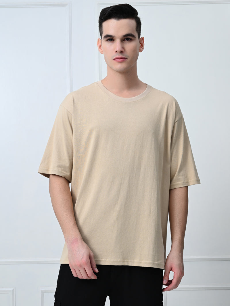 FITINC Beige Cotton Oversized Drop Shoulder T-Shirt for Men