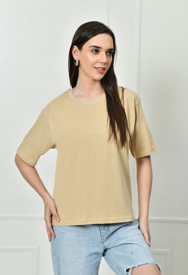 FITINC Women Cotton Oversized Drop Shoulder Beige T-Shirt