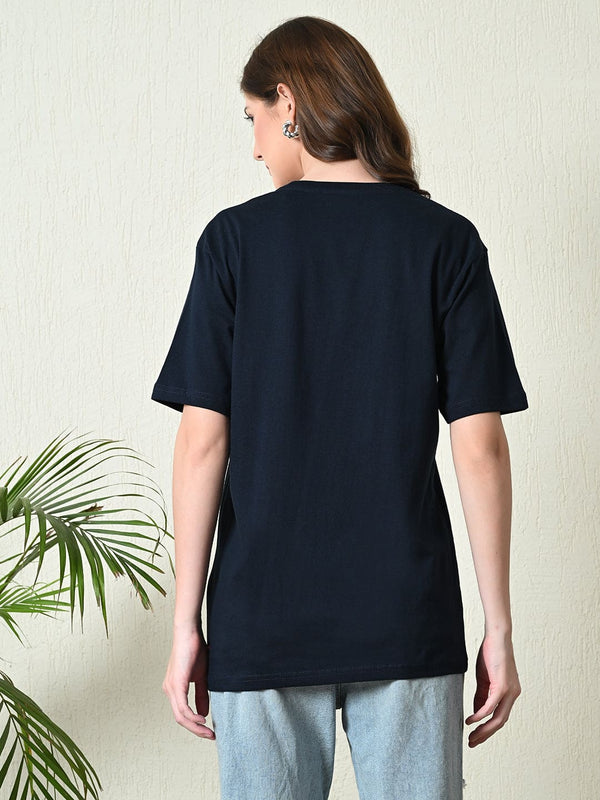 FITINC Women Cotton Oversized Drop Shoulder Navy Blue T-Shirt