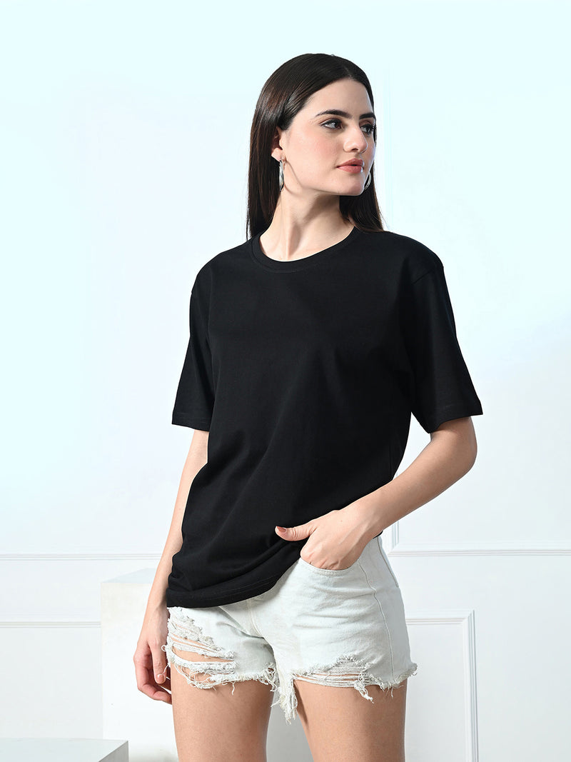 FITINC Women Cotton Oversized Drop Shoulder Black T-Shirt