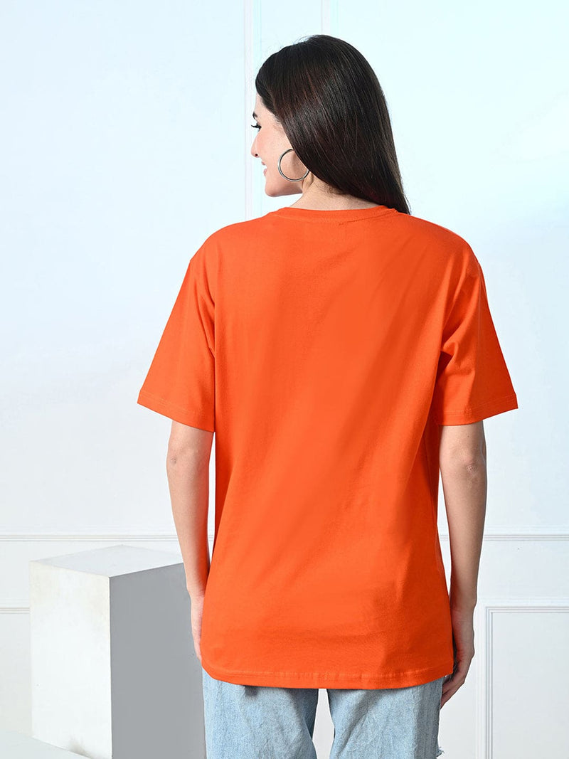 FITINC Women Cotton Oversized Drop Shoulder Orange T-Shirt