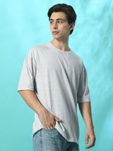 FITINC Melange Grey Cotton Oversized Drop Shoulder T-Shirt for Men