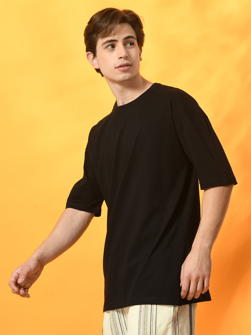 FITINC Black Cotton Oversized Drop Shoulder T-Shirt for Men