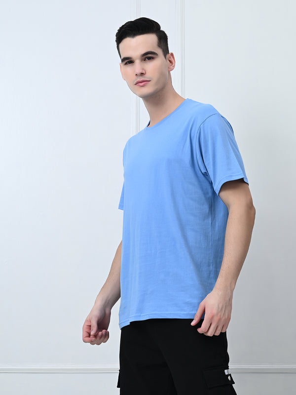 FITINC Cotton Crew Neck Regular Fit Sky Blue T-Shirt for Men