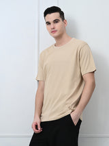 FITINC Cotton Crew Neck Regular Fit Beige T-Shirt for Men