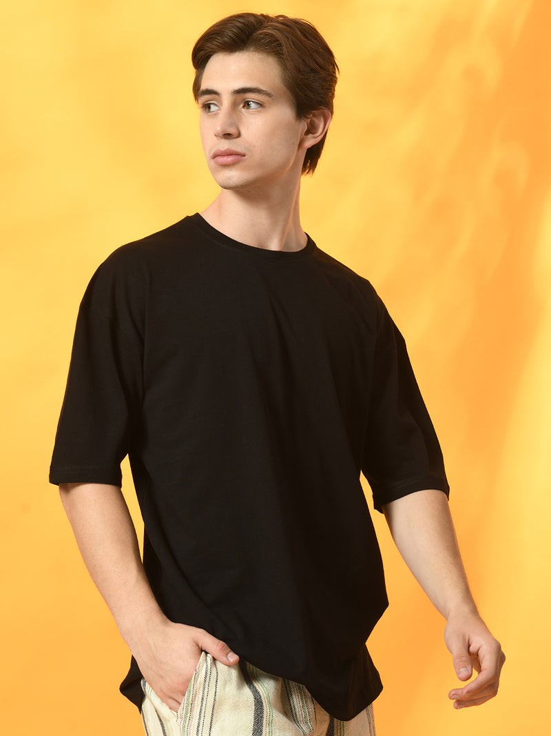 FITINC Black Cotton Oversized Drop Shoulder T-Shirt for Men