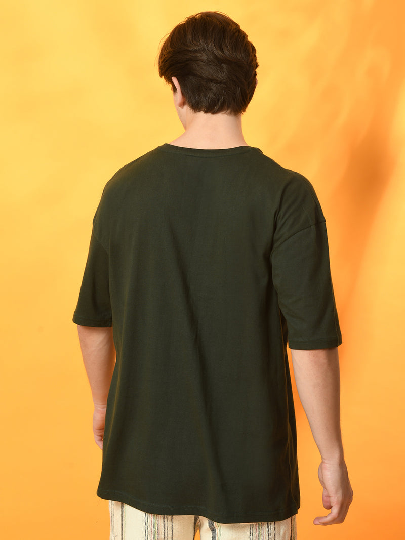 FITINC Green Cotton Oversized Drop Shoulder T-Shirt for Men