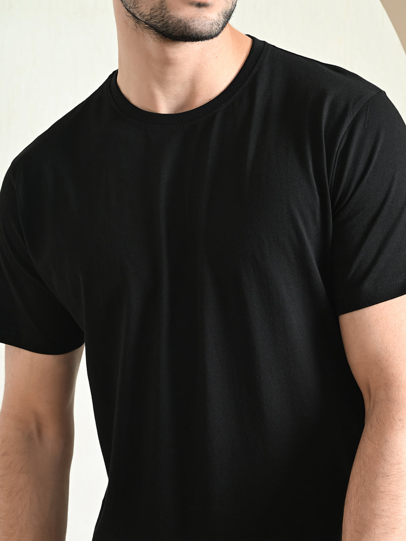 FITINC Cotton Crew Neck Regular Fit Black T-Shirt for Men