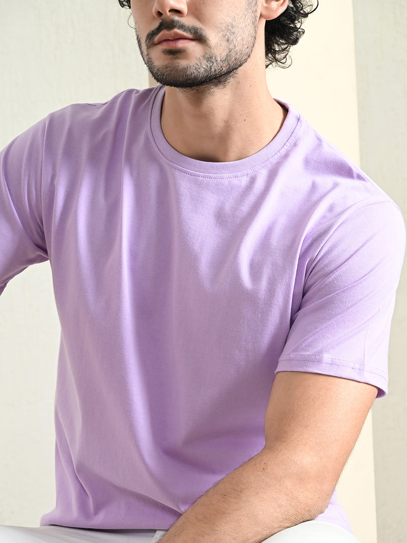 FITINC Cotton Crew Neck Regular Fit Lavender T-Shirt for Men