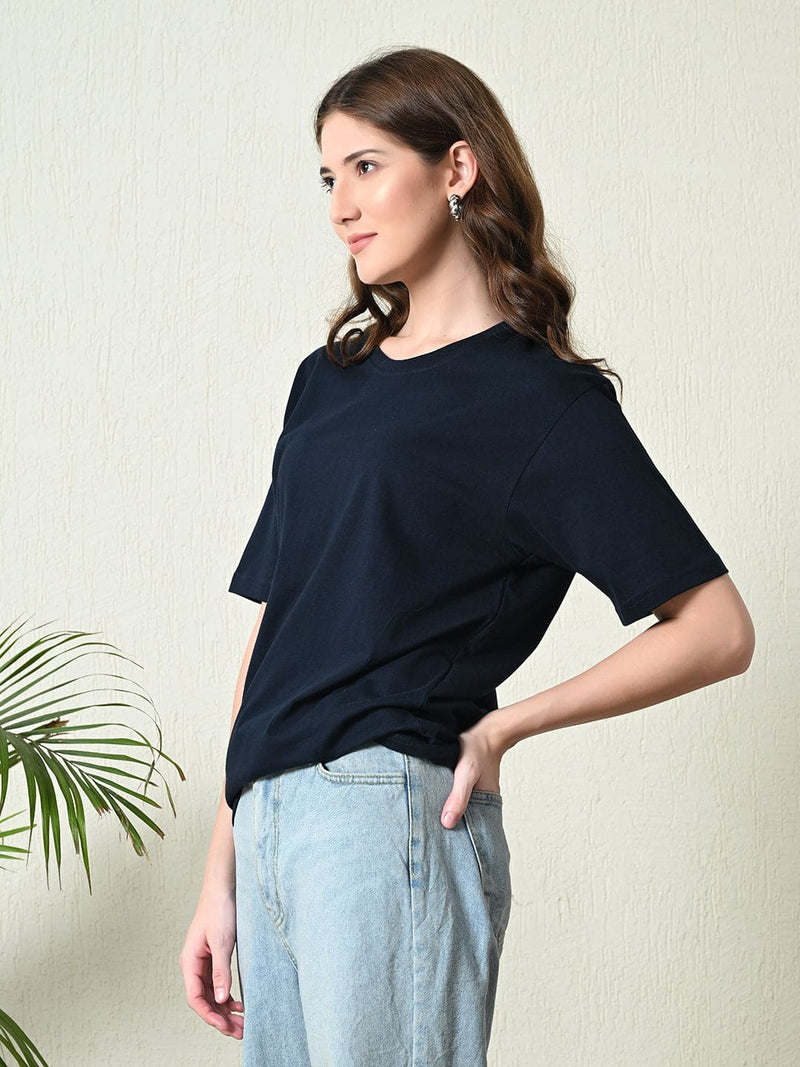 FITINC Women Cotton Oversized Drop Shoulder Navy Blue T-Shirt