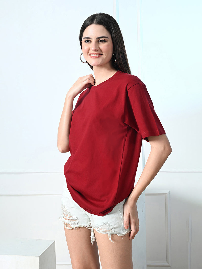 FITINC Women Cotton Oversized Drop Shoulder Maroon T-Shirt