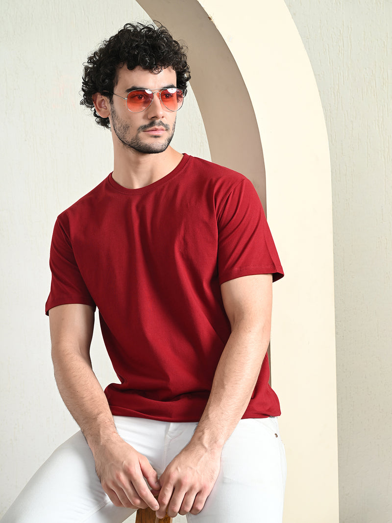 FITINC Cotton Crew Neck Regular Fit Maroon T-Shirt for Men