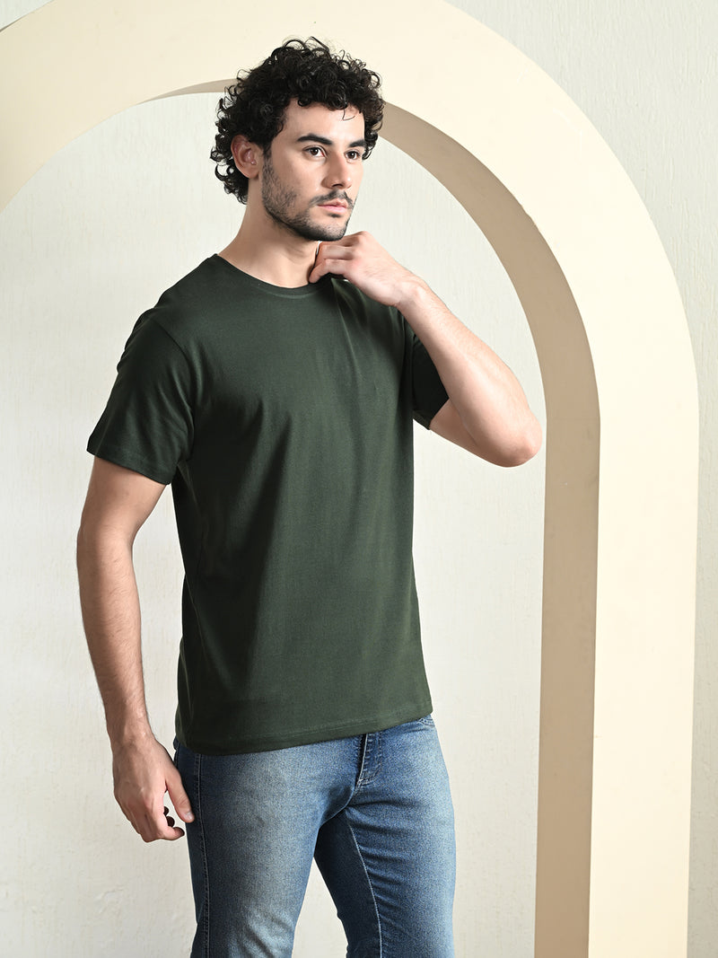 FITINC Cotton Crew Neck Regular Fit Green T-Shirt for Men