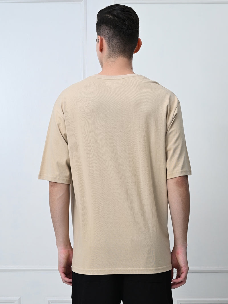 FITINC Beige Cotton Oversized Drop Shoulder T-Shirt for Men