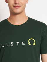 FITINC Listen Graphic Bottle Green Cotton T-Shirt