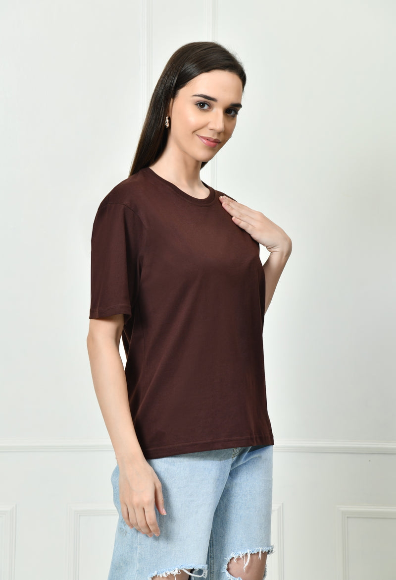 FITINC Women Cotton Oversized Drop Shoulder Coffee T-Shirt