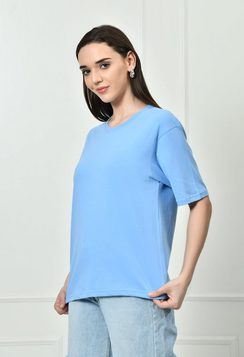 FITINC Women Cotton Oversized Drop Shoulder SkyBlue T-Shirt