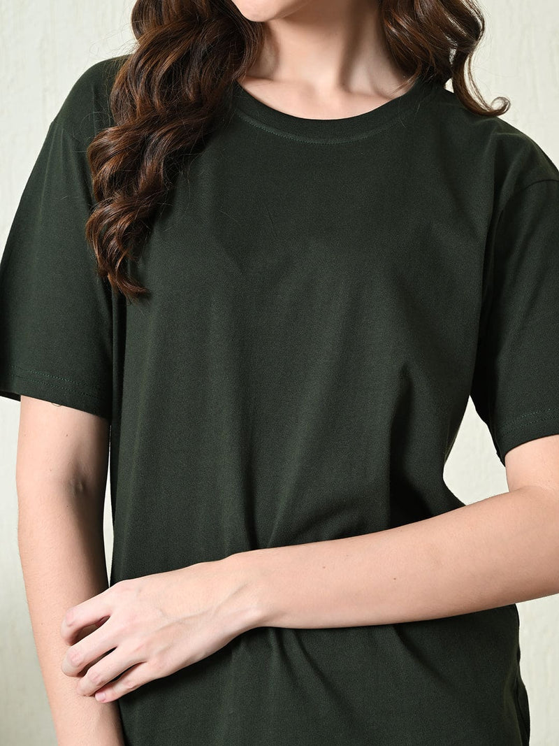 FITINC Women Cotton Oversized Drop Shoulder Green T-Shirt