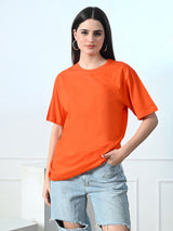 FITINC Women Cotton Oversized Drop Shoulder Orange T-Shirt