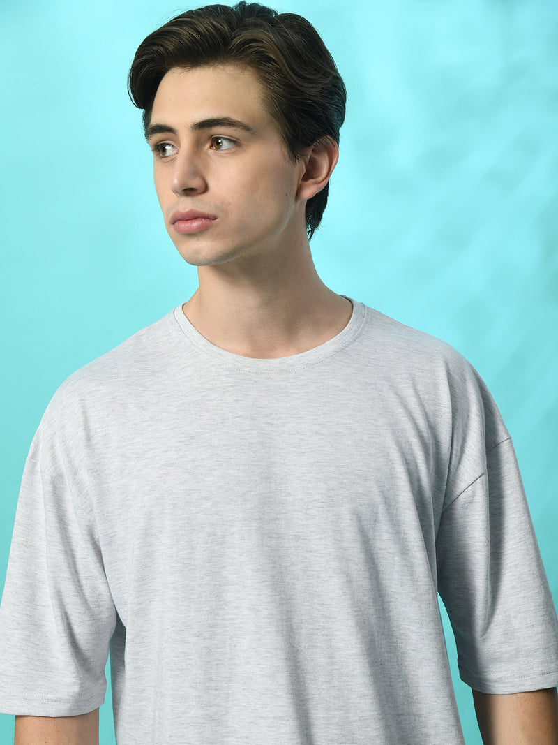 FITINC Melange Grey Cotton Oversized Drop Shoulder T-Shirt for Men