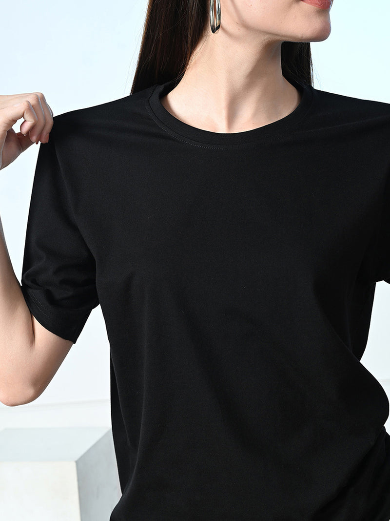 FITINC Women Cotton Oversized Drop Shoulder Black T-Shirt