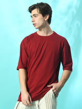 FITINC Maroon Oversized Drop Shoulder T-Shirt for Men